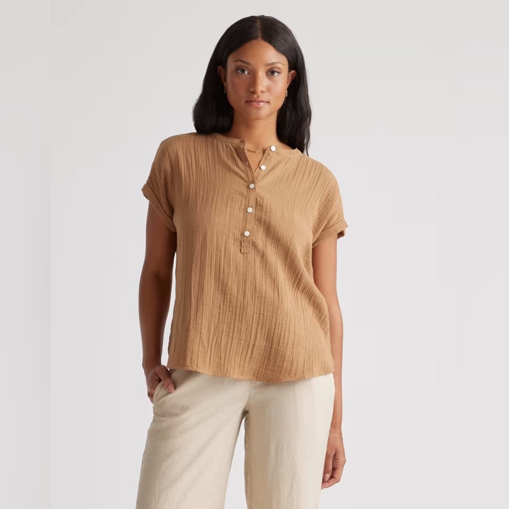 Quince 100% Organic Cotton Gauze Roll Sleeve Boho Office Shirt Toasted Coconut S - Picture 2 of 12